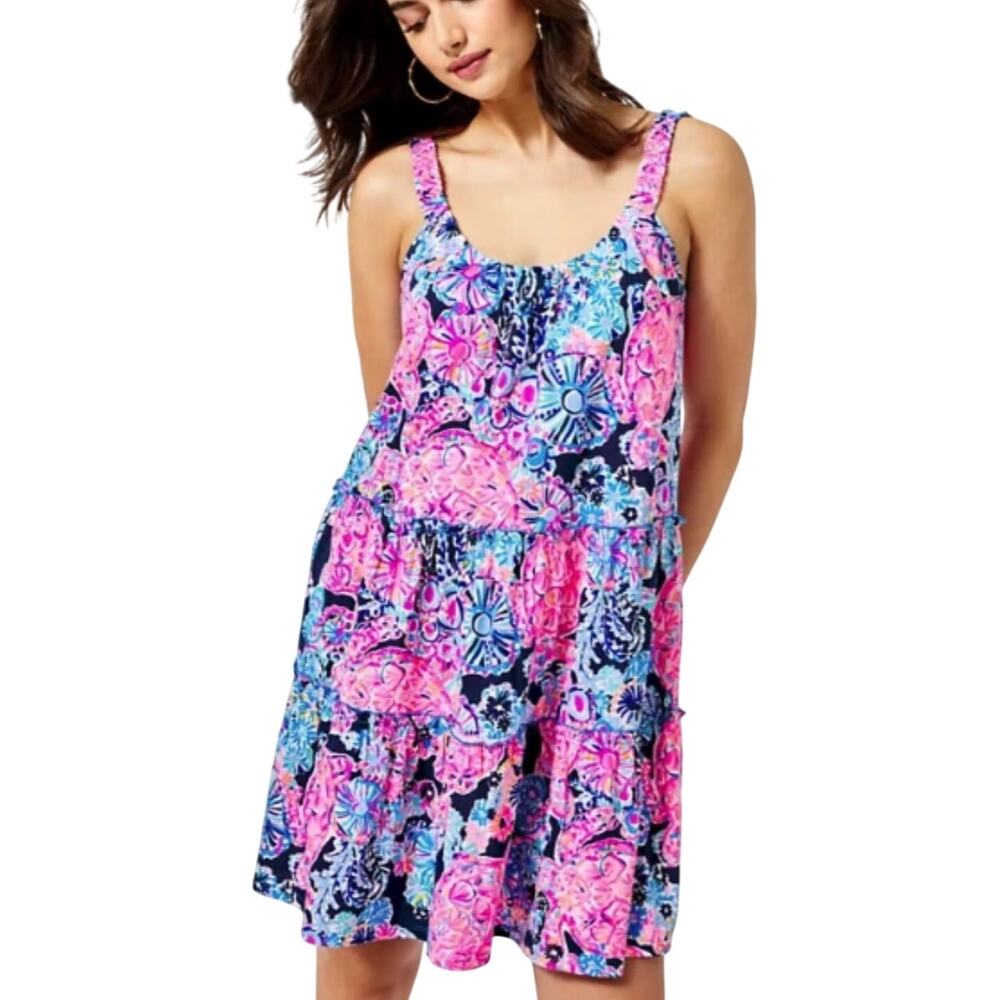 Lilly Pulitzer Loro Swing Dress Tiered High Tide Navy Sea Baby Doll Womens S